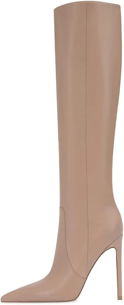 XYD Women's Winter Leather Solid Color Pointed Toe Straight Knee High Stiletto Heels Boots Side Zip Up Dressy Chic Lady Shoes