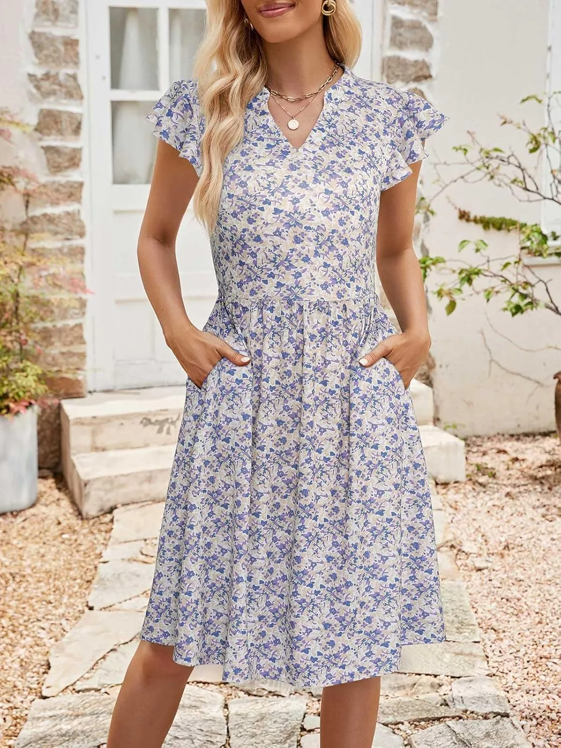 YATHON Casual Dresses for Women 2025 Cute Summer Floral Fit and Flare Cap Sleeve A Line Knee Length Dress with Pocket