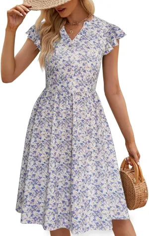 YATHON Casual Dresses for Women 2025 Cute Summer Floral Fit and Flare Cap Sleeve A Line Knee Length Dress with Pocket