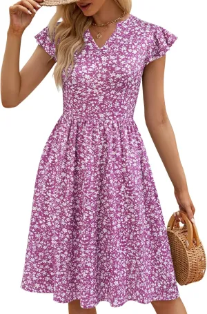 YATHON Casual Dresses for Women 2025 Cute Summer Floral Fit and Flare Cap Sleeve A Line Knee Length Dress with Pocket