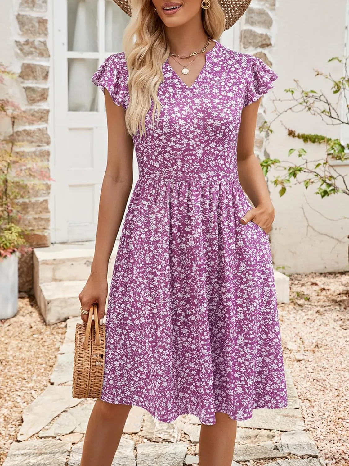 YATHON Casual Dresses for Women 2025 Cute Summer Floral Fit and Flare Cap Sleeve A Line Knee Length Dress with Pocket