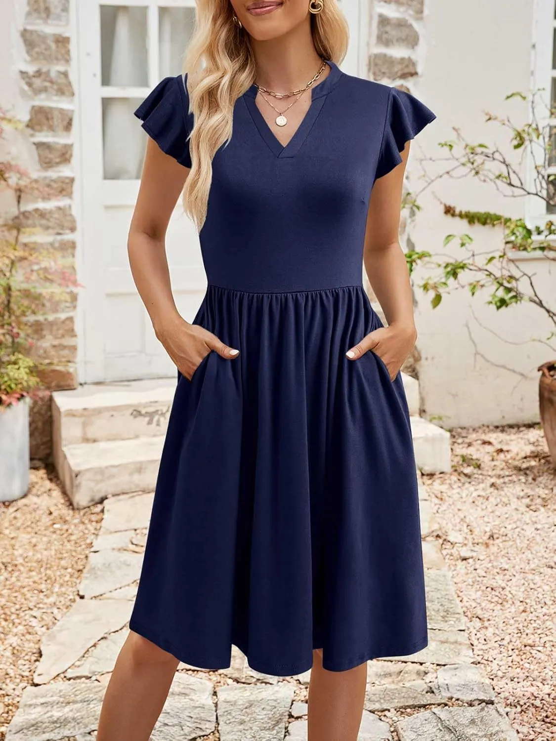 YATHON Casual Dresses for Women 2025 Cute Summer Floral Fit and Flare Cap Sleeve A Line Knee Length Dress with Pocket