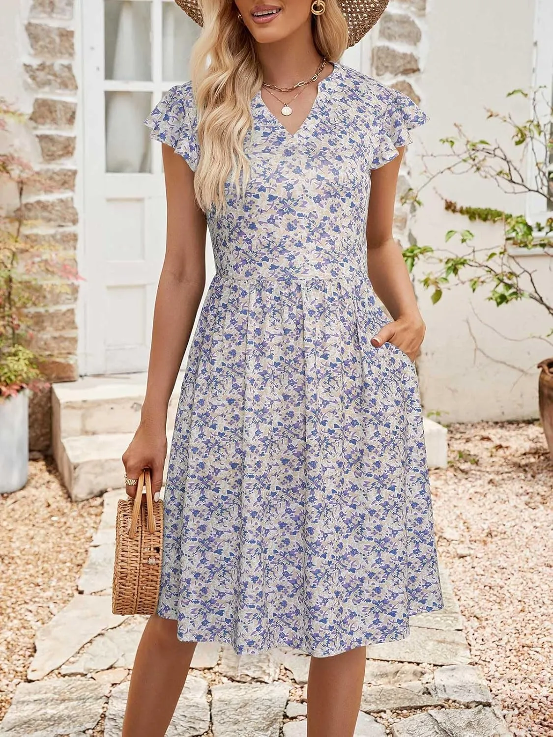 YATHON Casual Dresses for Women 2025 Cute Summer Floral Fit and Flare Cap Sleeve A Line Knee Length Dress with Pocket