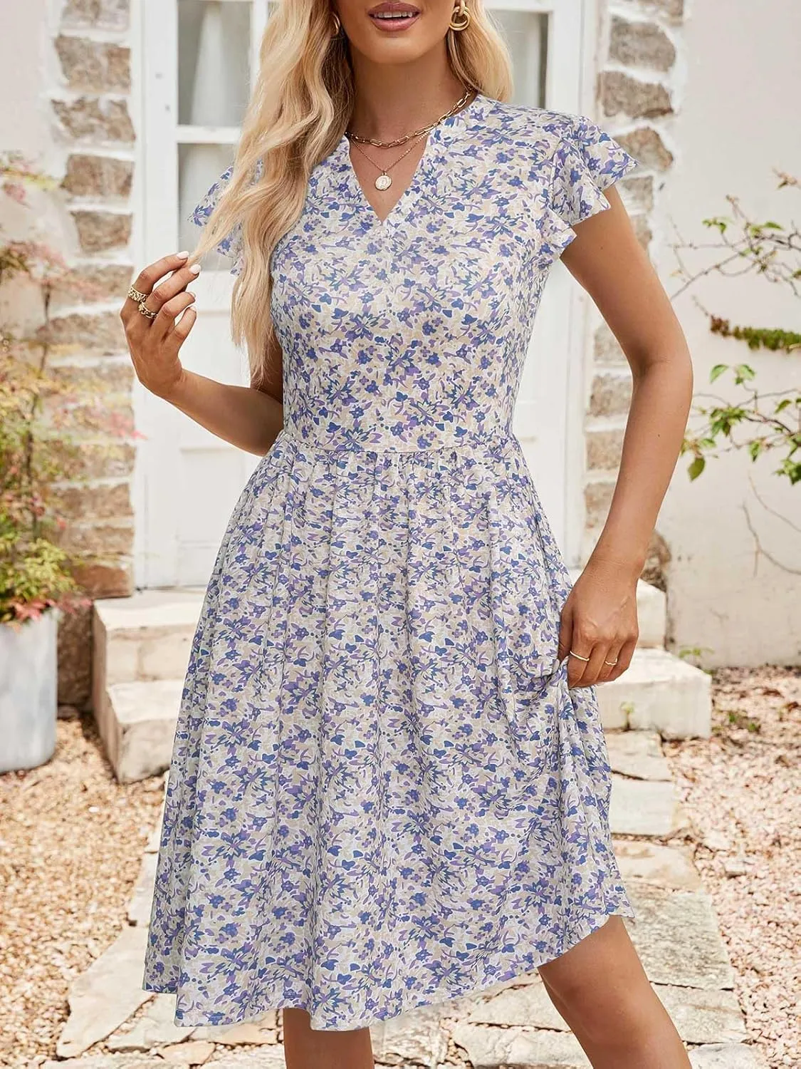 YATHON Casual Dresses for Women 2025 Cute Summer Floral Fit and Flare Cap Sleeve A Line Knee Length Dress with Pocket