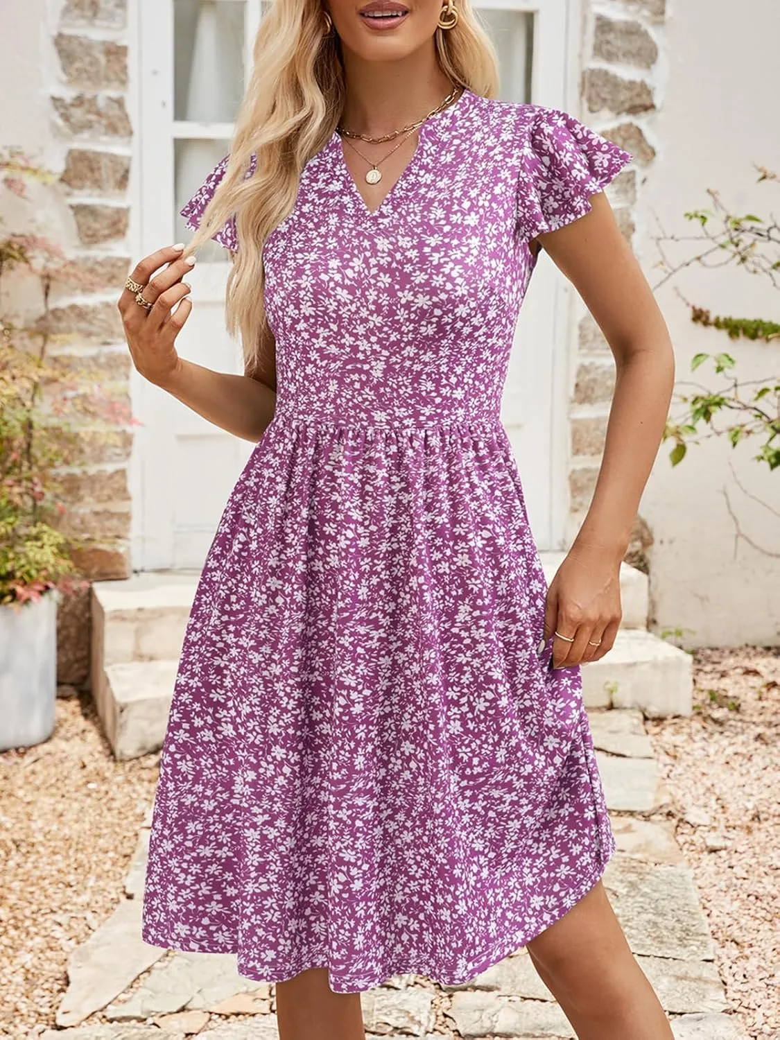 YATHON Casual Dresses for Women 2025 Cute Summer Floral Fit and Flare Cap Sleeve A Line Knee Length Dress with Pocket