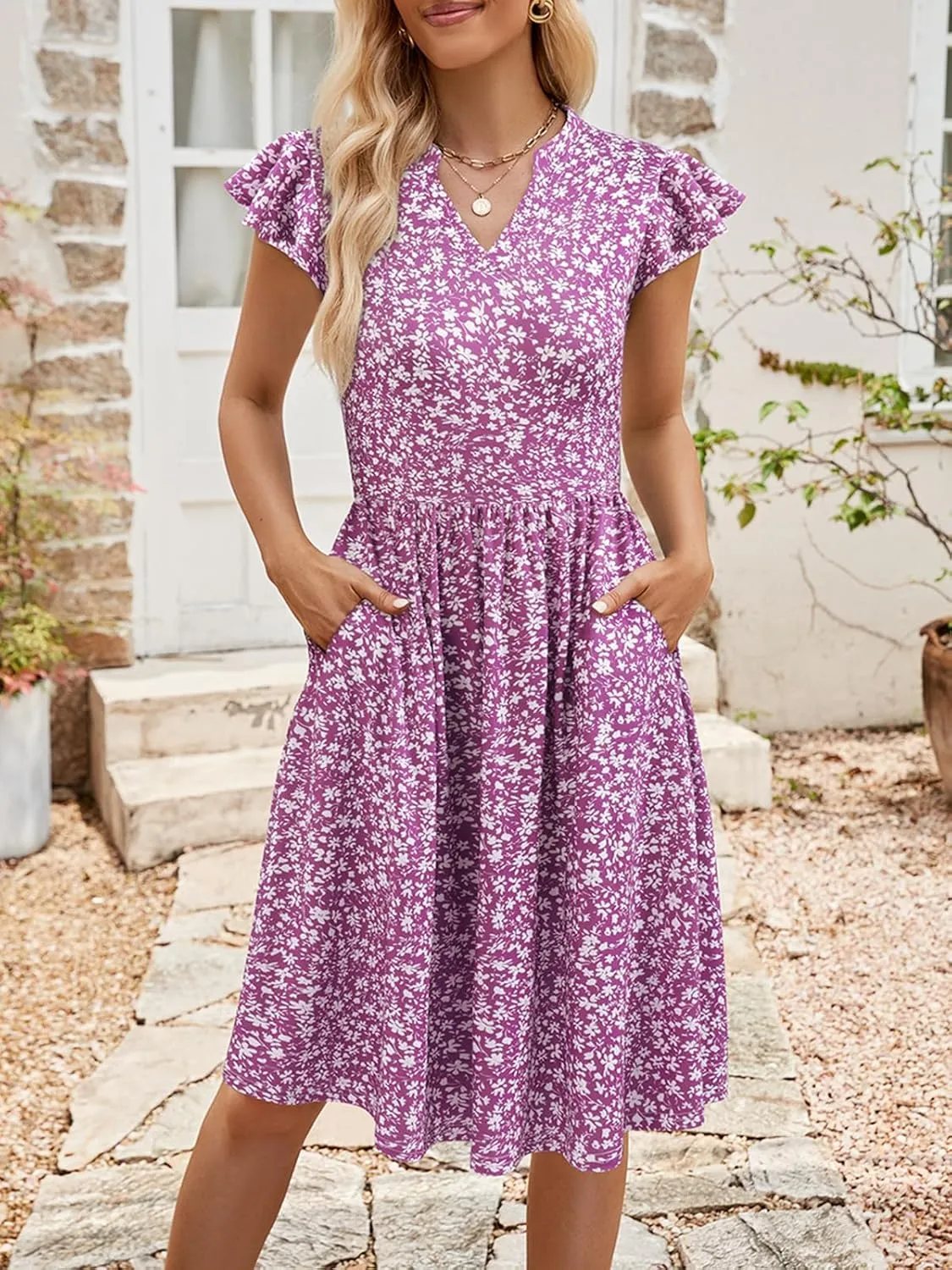 YATHON Casual Dresses for Women 2025 Cute Summer Floral Fit and Flare Cap Sleeve A Line Knee Length Dress with Pocket