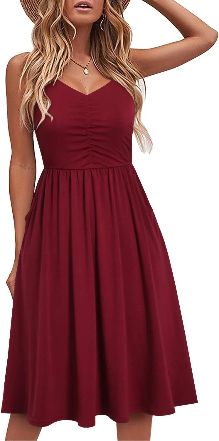 YATHON Casual Dresses for Women Sleeveless Cotton Summer Beach Dress A Line Spaghetti Strap Sundresses with Pockets