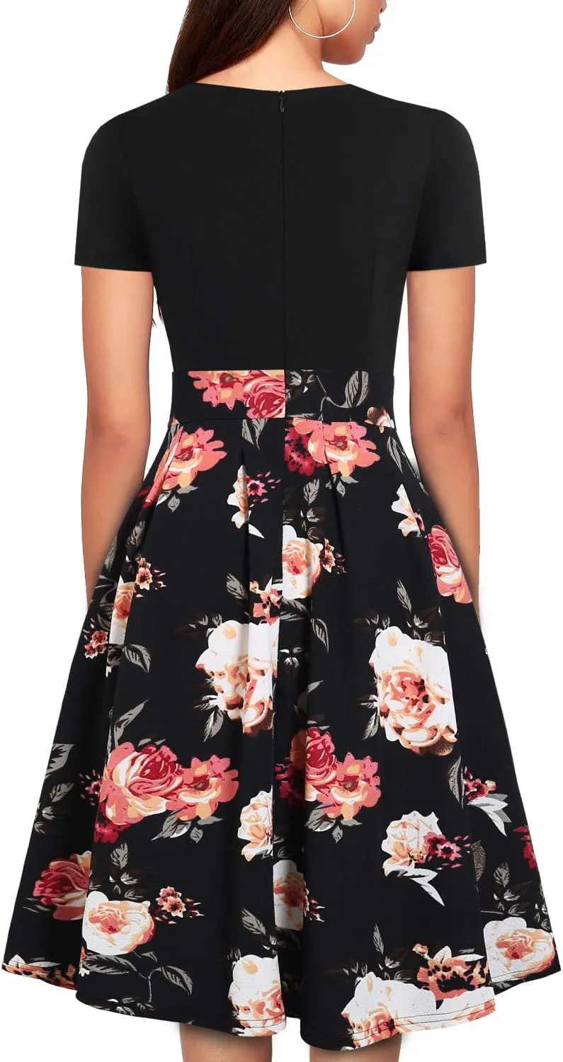 YATHON Women's Vintage Floral Flared A-Line Swing Casual Party Dresses with Pockets