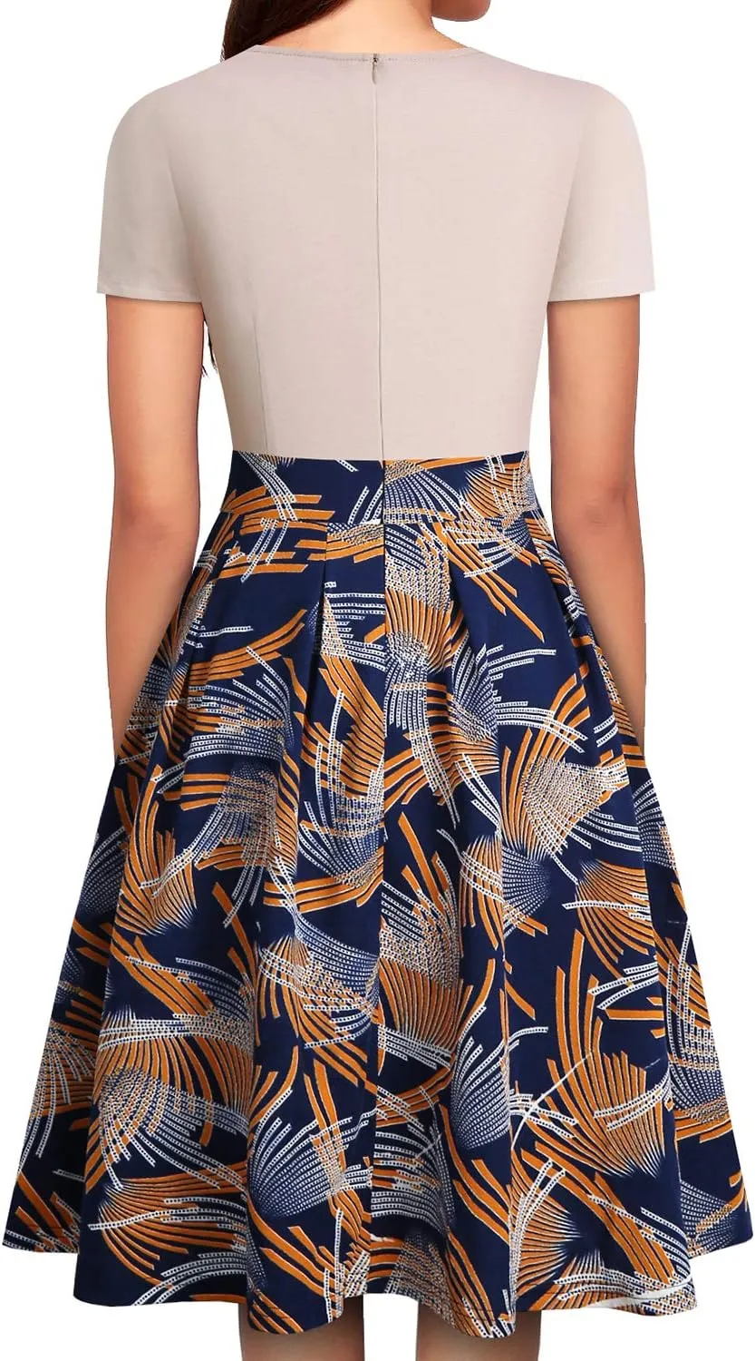YATHON Women's Vintage Floral Flared A-Line Swing Casual Party Dresses with Pockets