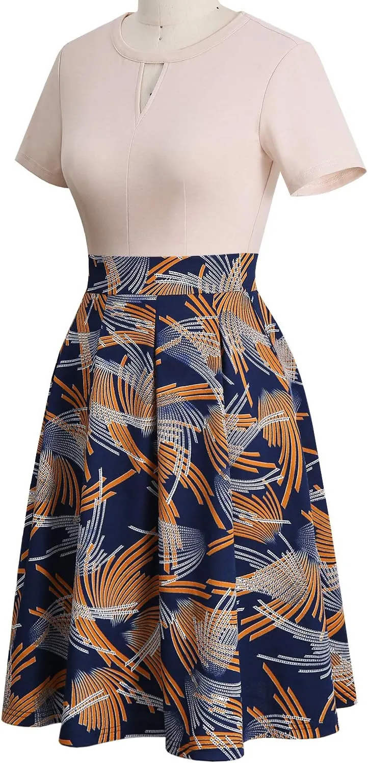 YATHON Women's Vintage Floral Flared A-Line Swing Casual Party Dresses with Pockets