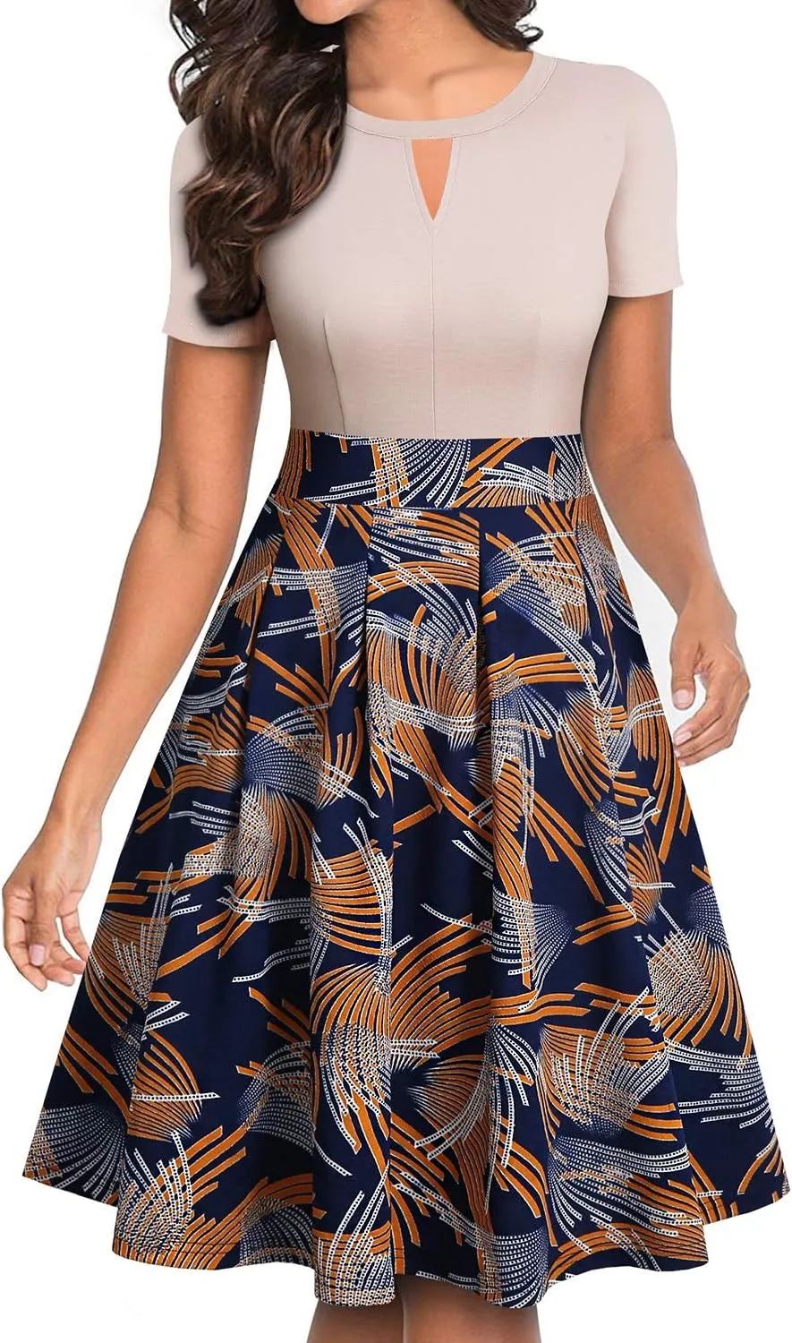 YATHON Women's Vintage Floral Flared A-Line Swing Casual Party Dresses with Pockets