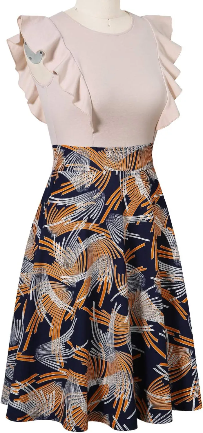 YATHON Women's Vintage Ruffle Floral Flared A Line Swing Casual Cocktail Party Dresses