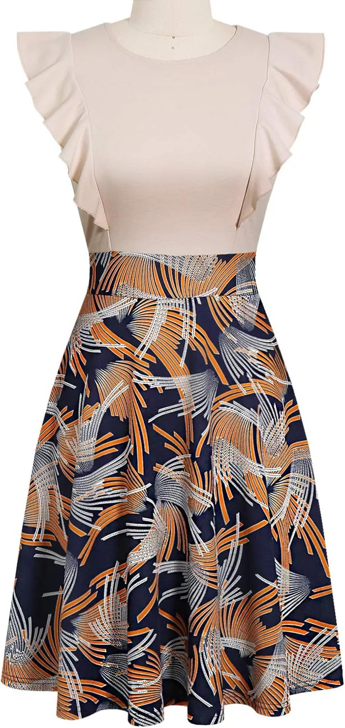 YATHON Women's Vintage Ruffle Floral Flared A Line Swing Casual Cocktail Party Dresses