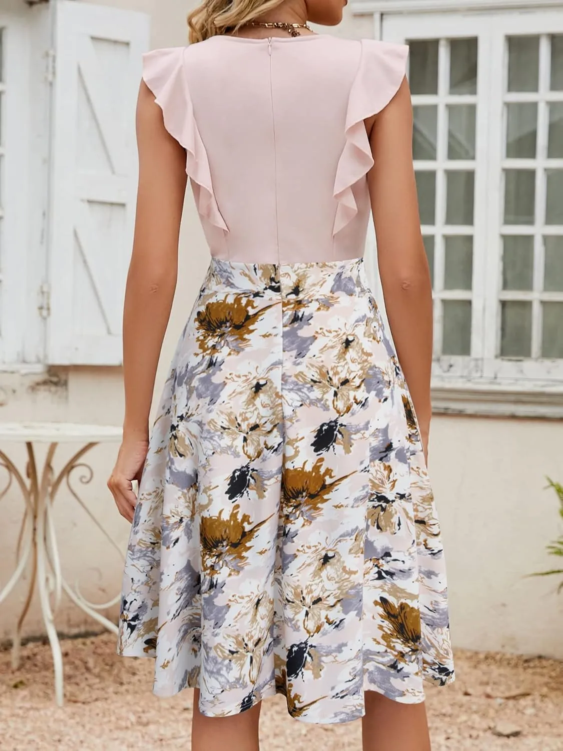 YATHON Women's Vintage Ruffle Floral Flared A Line Swing Casual Cocktail Party Dresses