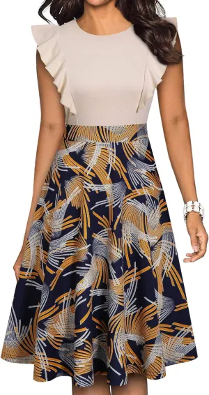 YATHON Women's Vintage Ruffle Floral Flared A Line Swing Casual Cocktail Party Dresses