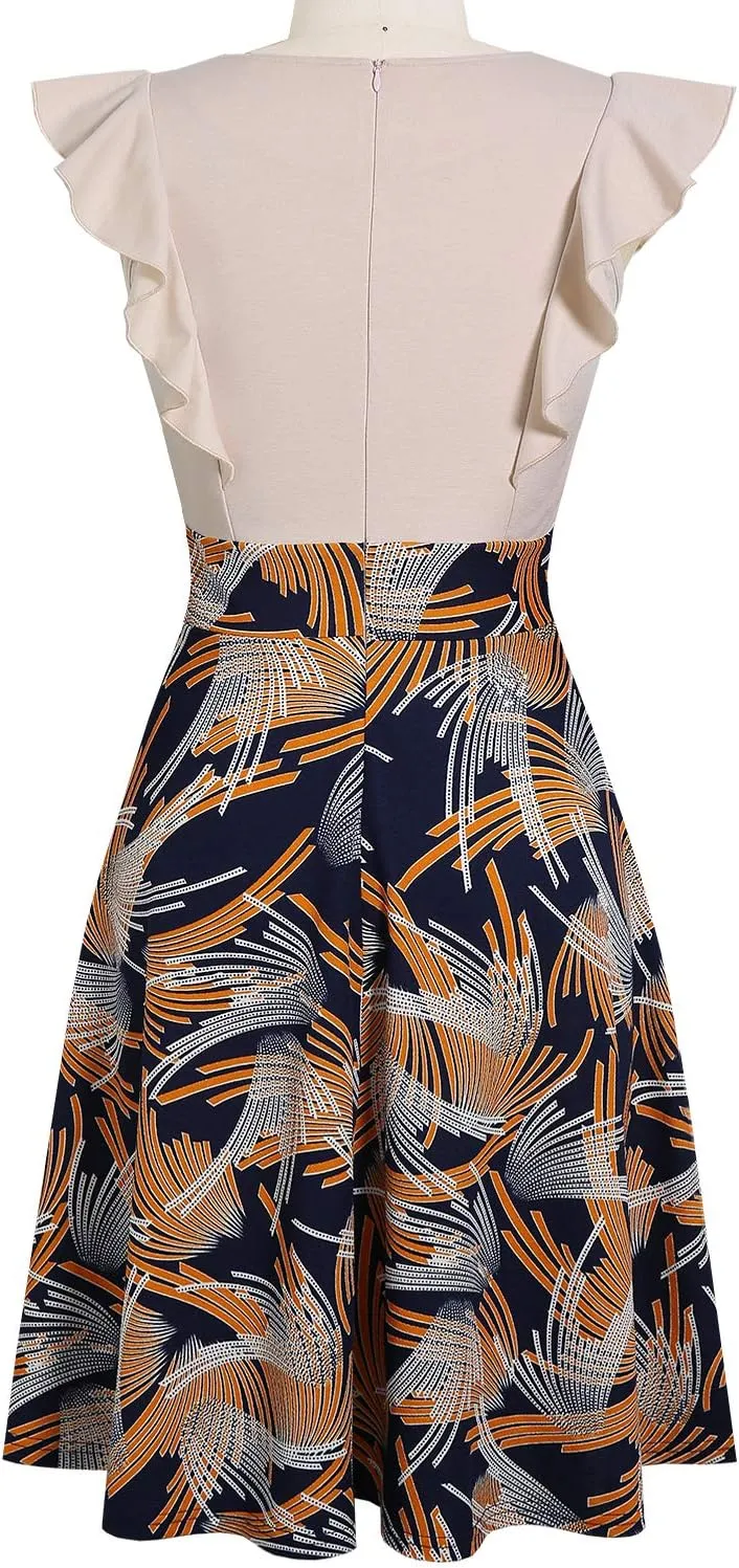YATHON Women's Vintage Ruffle Floral Flared A Line Swing Casual Cocktail Party Dresses