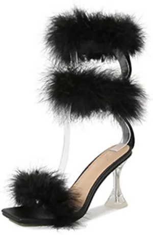 YIBLBOX Women's Fluffy Feather Square Toe High Heel Clear Block Heel High Heels Wedding Dress Sandal