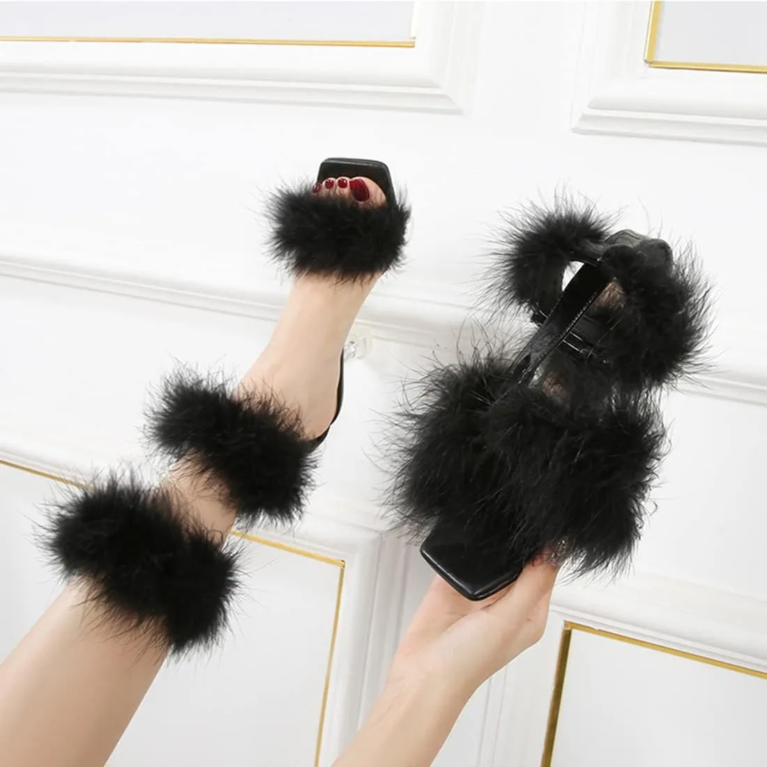 YIBLBOX Women's Fluffy Feather Square Toe High Heel Clear Block Heel High Heels Wedding Dress Sandal