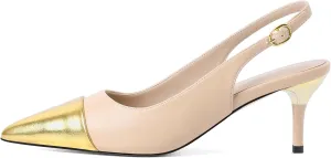 YODEKS Women's Slingback Heels Cap Toe Shoes Pointed Low Kitten Heel 2.5 Inch Pumps Two Tone Shoes for Casual Party Wedding Office