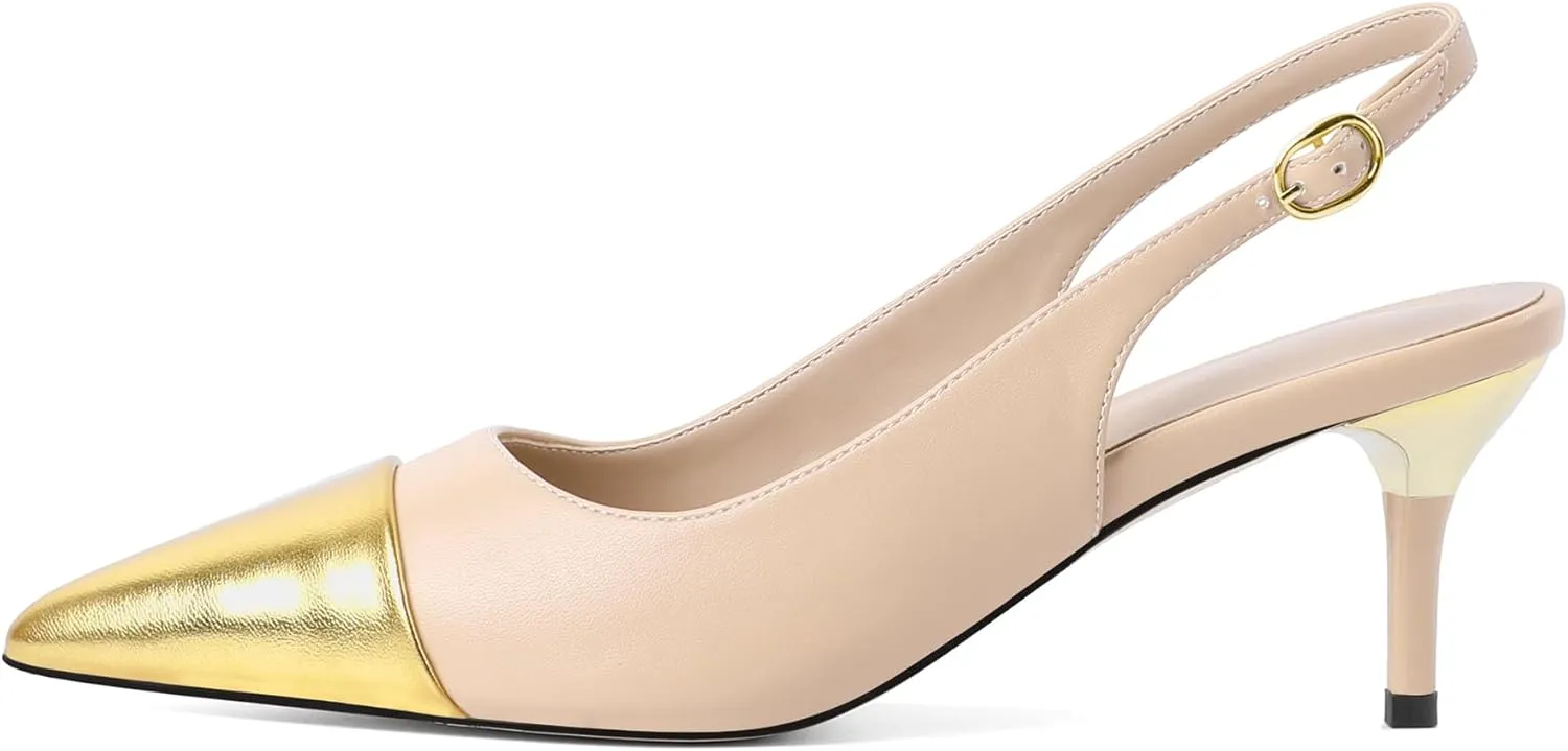 YODEKS Women's Slingback Heels Cap Toe Shoes Pointed Low Kitten Heel 2.5 Inch Pumps Two Tone Shoes for Casual Party Wedding Office