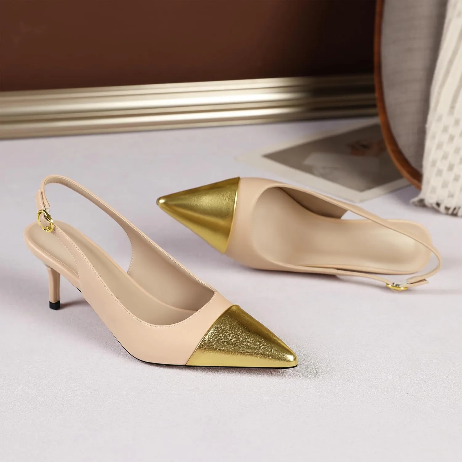 YODEKS Women's Slingback Heels Cap Toe Shoes Pointed Low Kitten Heel 2.5 Inch Pumps Two Tone Shoes for Casual Party Wedding Office