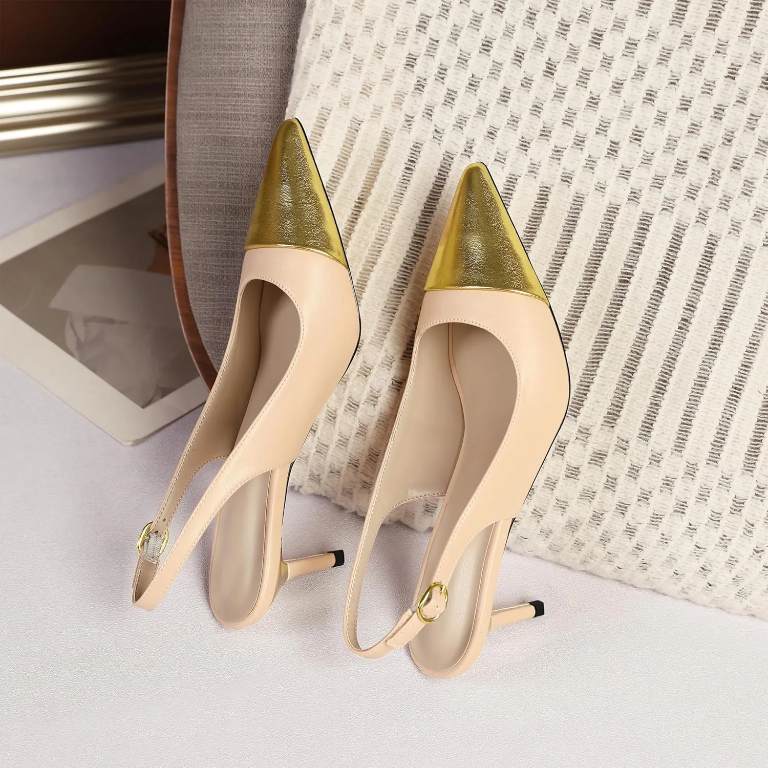 YODEKS Women's Slingback Heels Cap Toe Shoes Pointed Low Kitten Heel 2.5 Inch Pumps Two Tone Shoes for Casual Party Wedding Office