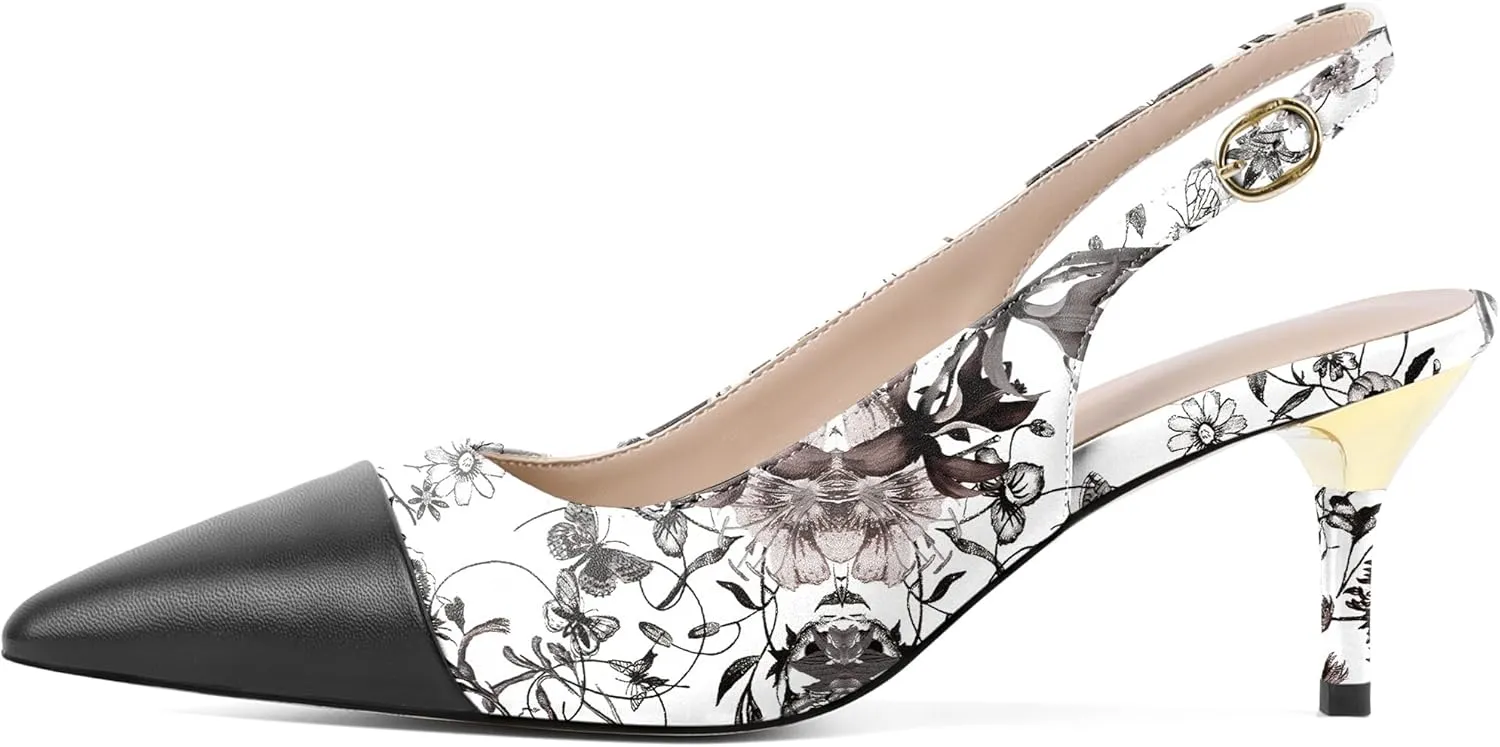 YODEKS Women's Slingback Heels Cap Toe Shoes Pointed Low Kitten Heel Pumps 2.5 Inch Two Tone Dress Shoes for Casual Party Wedding Office