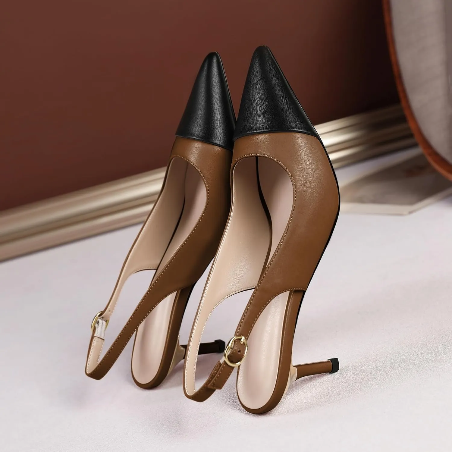 YODEKS Women's Slingback Heels Cap Toe Shoes Pointed Low Kitten Heel Pumps 2.5 Inch Two Tone Dress Shoes for Casual Party Wedding Office