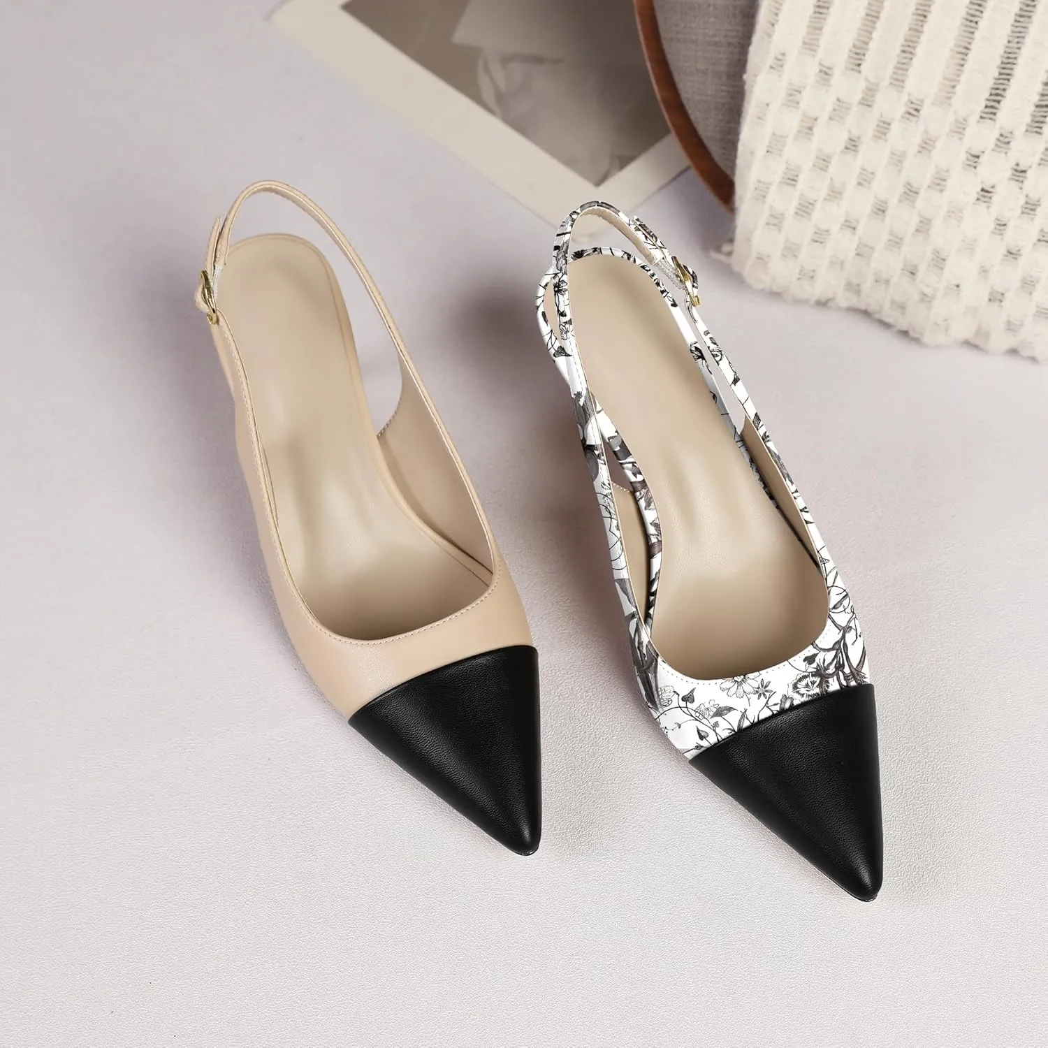 YODEKS Women's Slingback Heels Cap Toe Shoes Pointed Low Kitten Heel Pumps 2.5 Inch Two Tone Dress Shoes for Casual Party Wedding Office