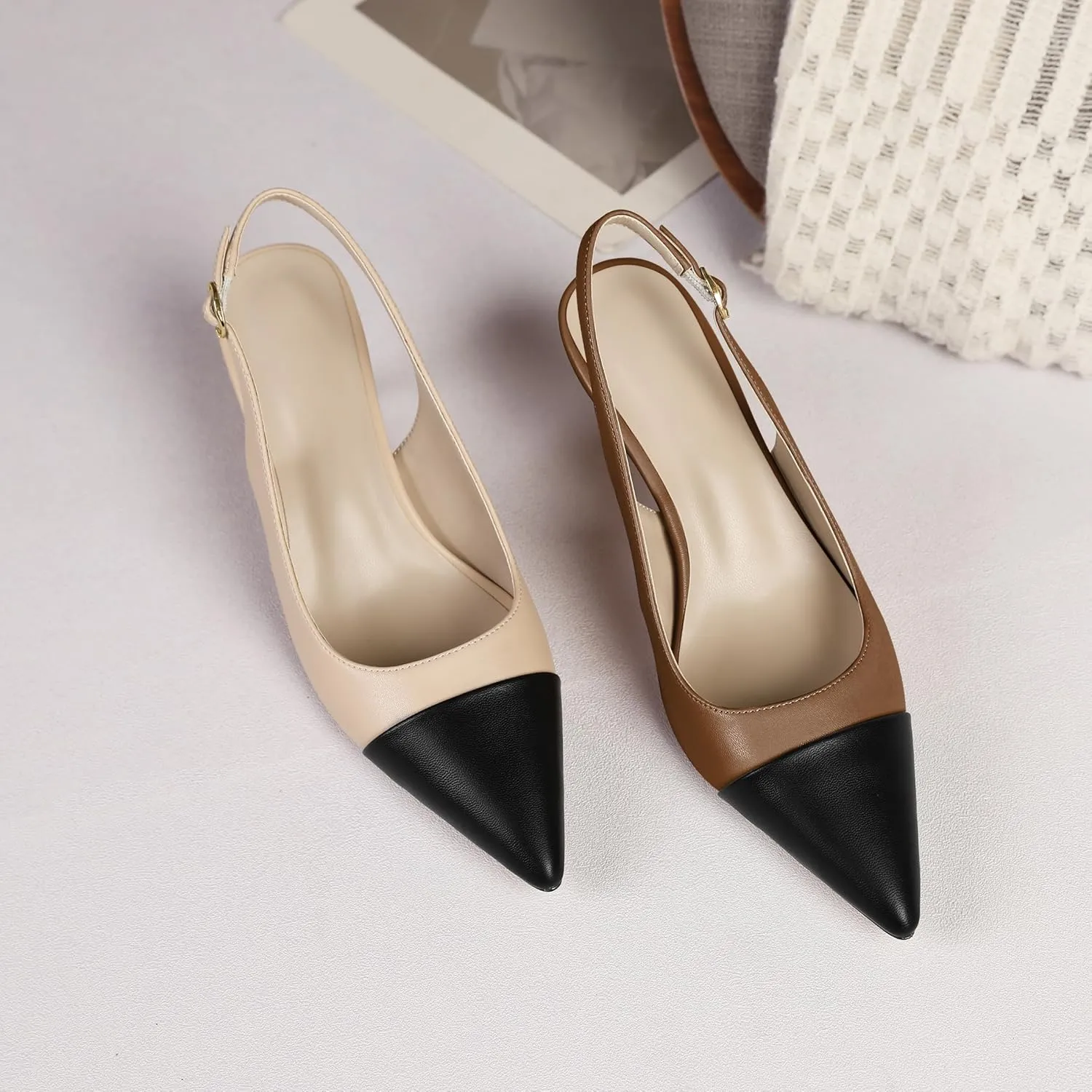 YODEKS Women's Slingback Heels Cap Toe Shoes Pointed Low Kitten Heel Pumps 2.5 Inch Two Tone Dress Shoes for Casual Party Wedding Office