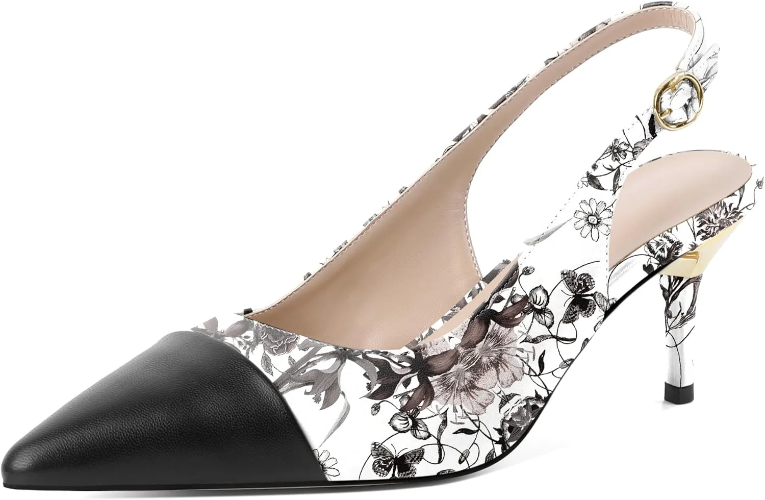 YODEKS Women's Slingback Heels Cap Toe Shoes Pointed Low Kitten Heel Pumps 2.5 Inch Two Tone Dress Shoes for Casual Party Wedding Office