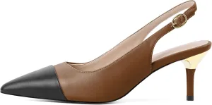 YODEKS Women's Slingback Heels Cap Toe Shoes Pointed Low Kitten Heel Pumps 2.5 Inch Two Tone Dress Shoes for Casual Party Wedding Office