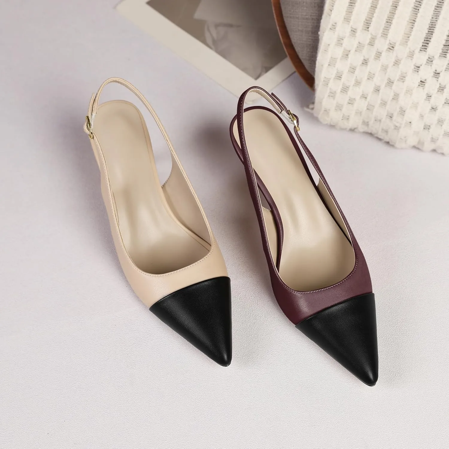 YODEKS Women's Slingback Heels Cap Toe Shoes Pointed Low Kitten Heel Pumps 2.5 Inch Two Tone Dress Shoes for Casual Party Wedding Office