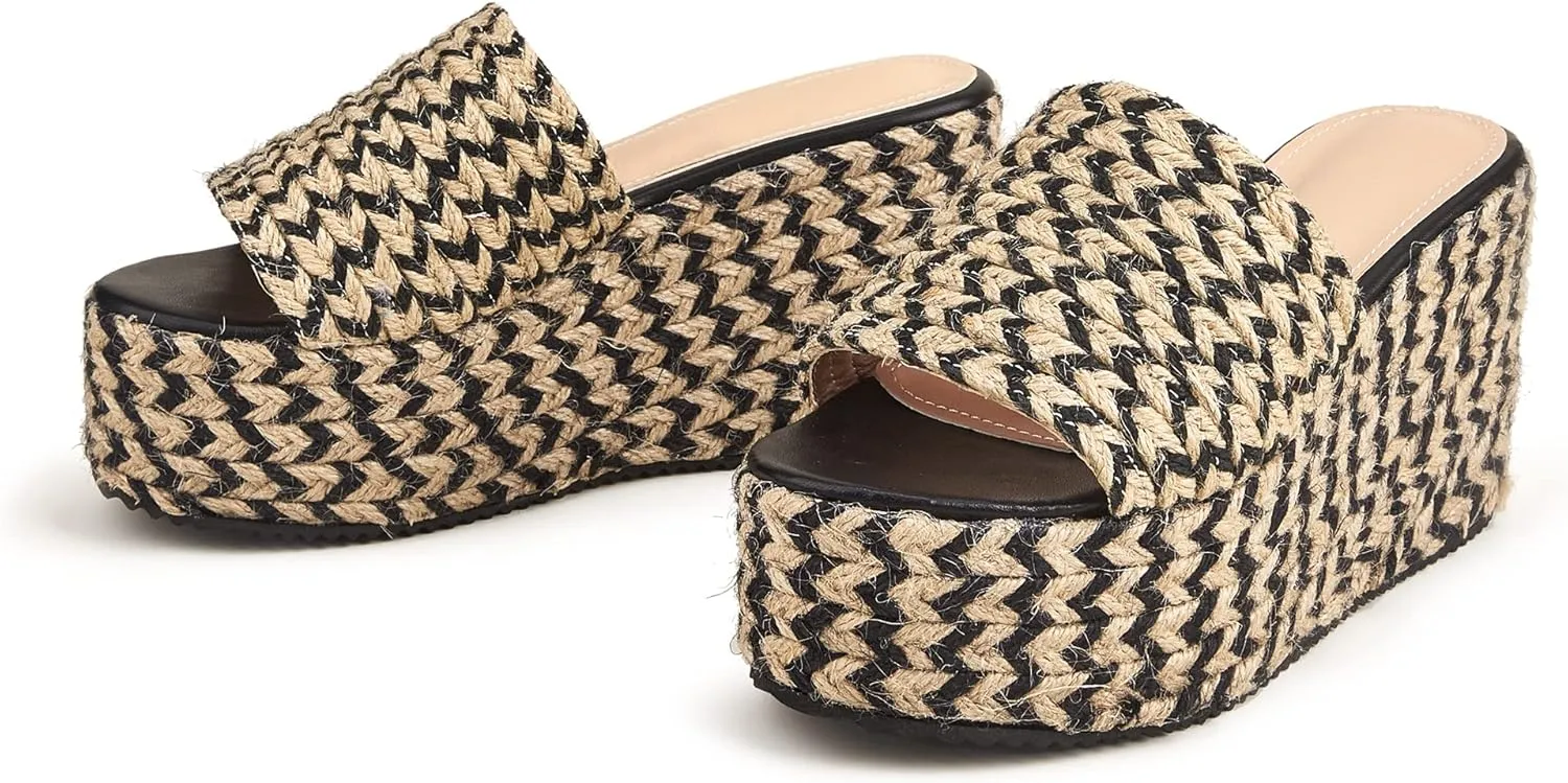 YooPrettyz Women Jute Wrapped Platform Sandals Fashion Cushion Wedge Chunky High Heels Beach Sunny Slides