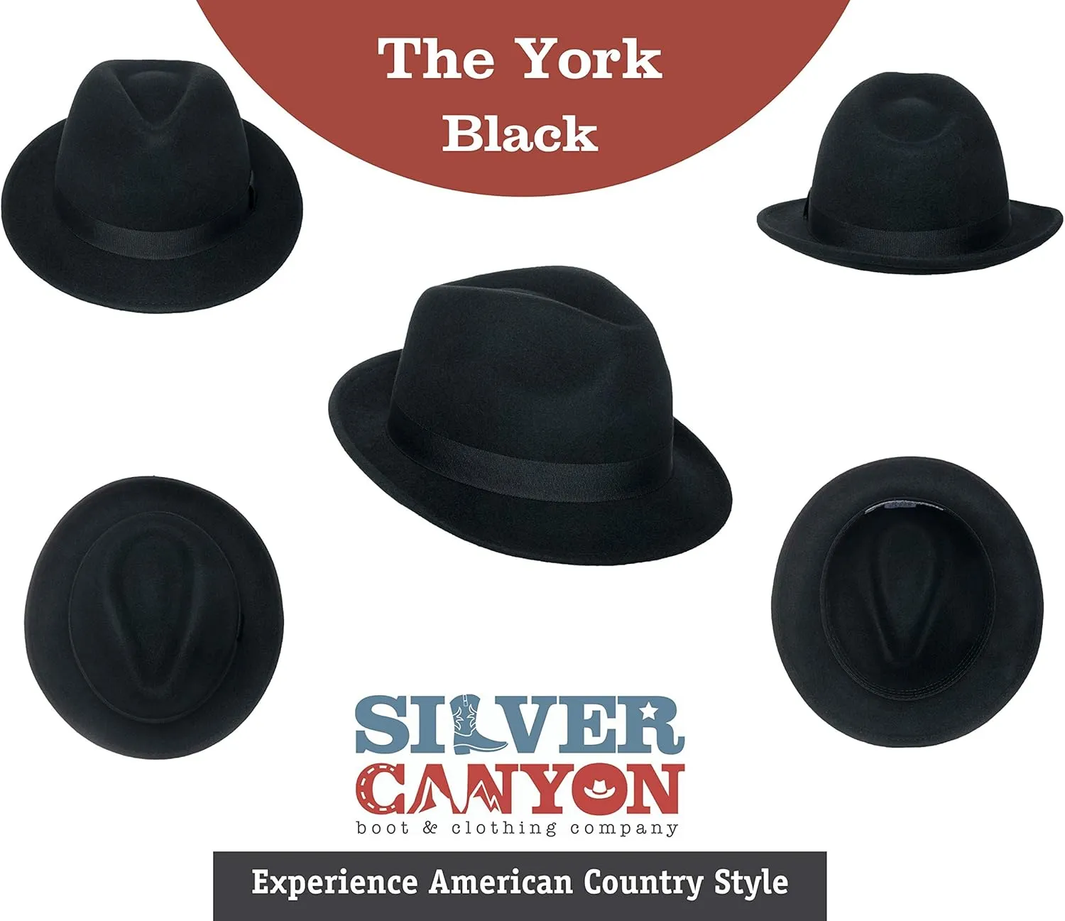 York Crushable Wool Fedora Felt Hat, Silver Canyon, Black