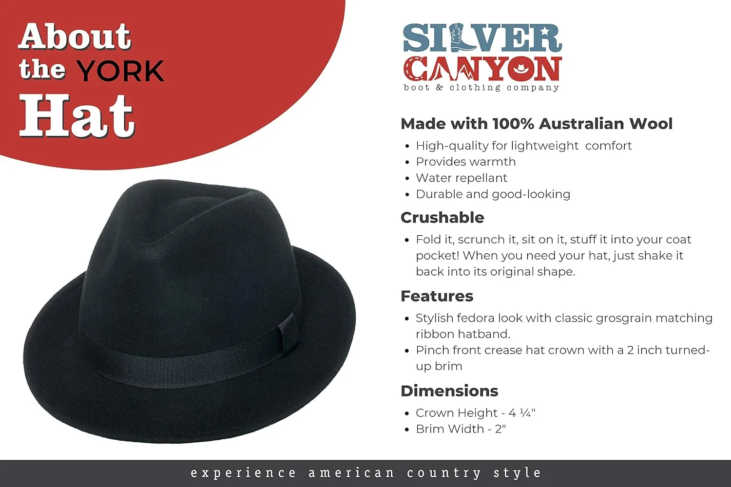 York Crushable Wool Fedora Felt Hat, Silver Canyon, Black
