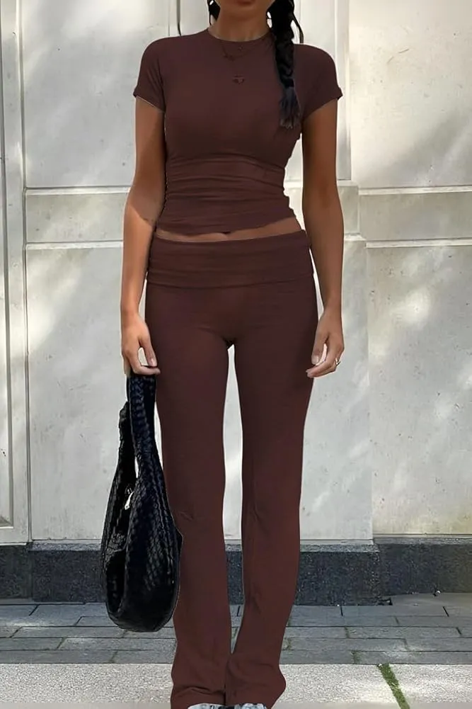 ZFLM Fashion and Casual Women's 3-Piece Set Short Sleeved High Waist Folded Shorts Bellbottom Pants Sports Set