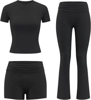 ZFLM Fashion and Casual Women's 3-Piece Set Short Sleeved High Waist Folded Shorts Bellbottom Pants Sports Set