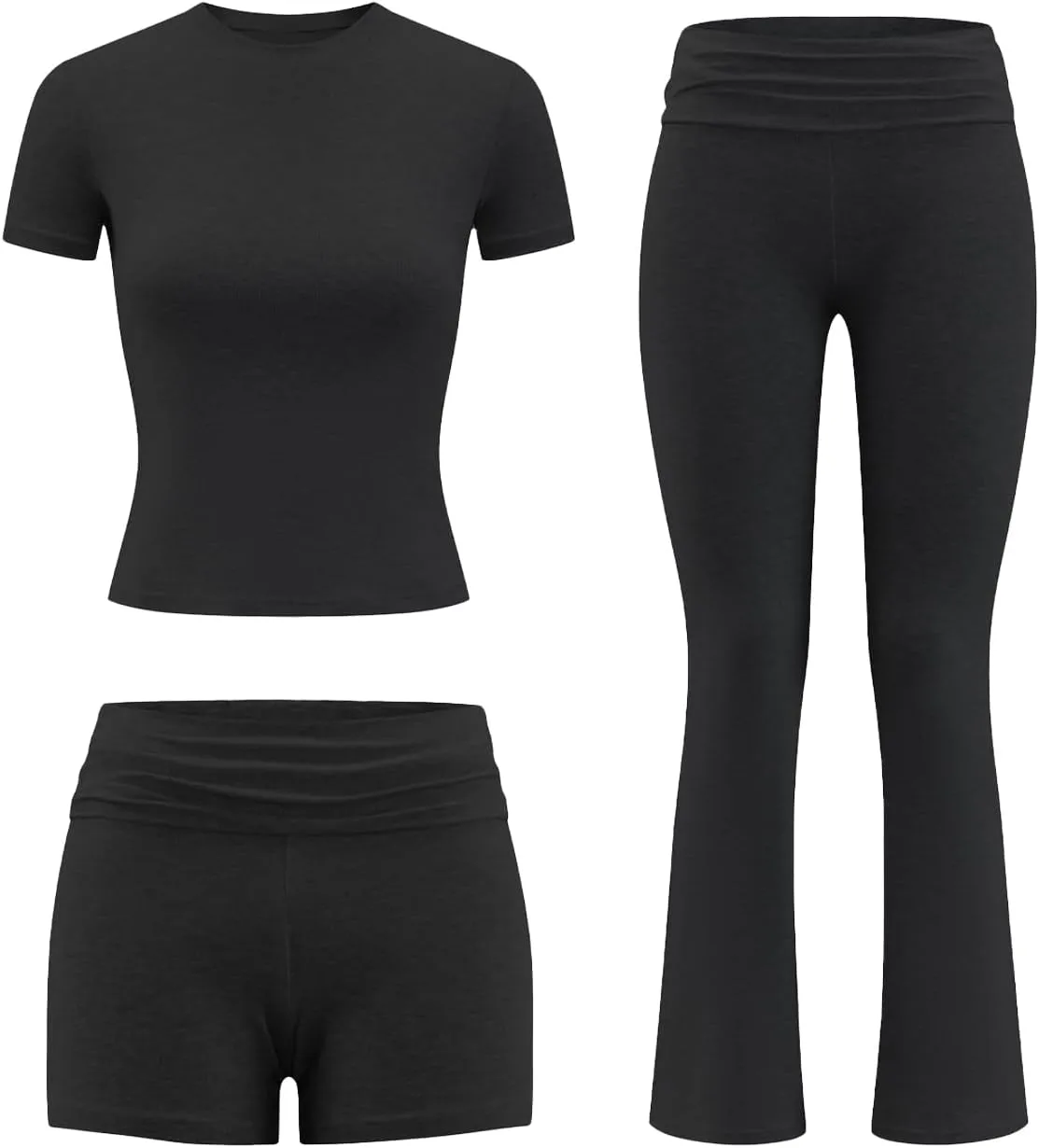 ZFLM Fashion and Casual Women's 3-Piece Set Short Sleeved High Waist Folded Shorts Bellbottom Pants Sports Set