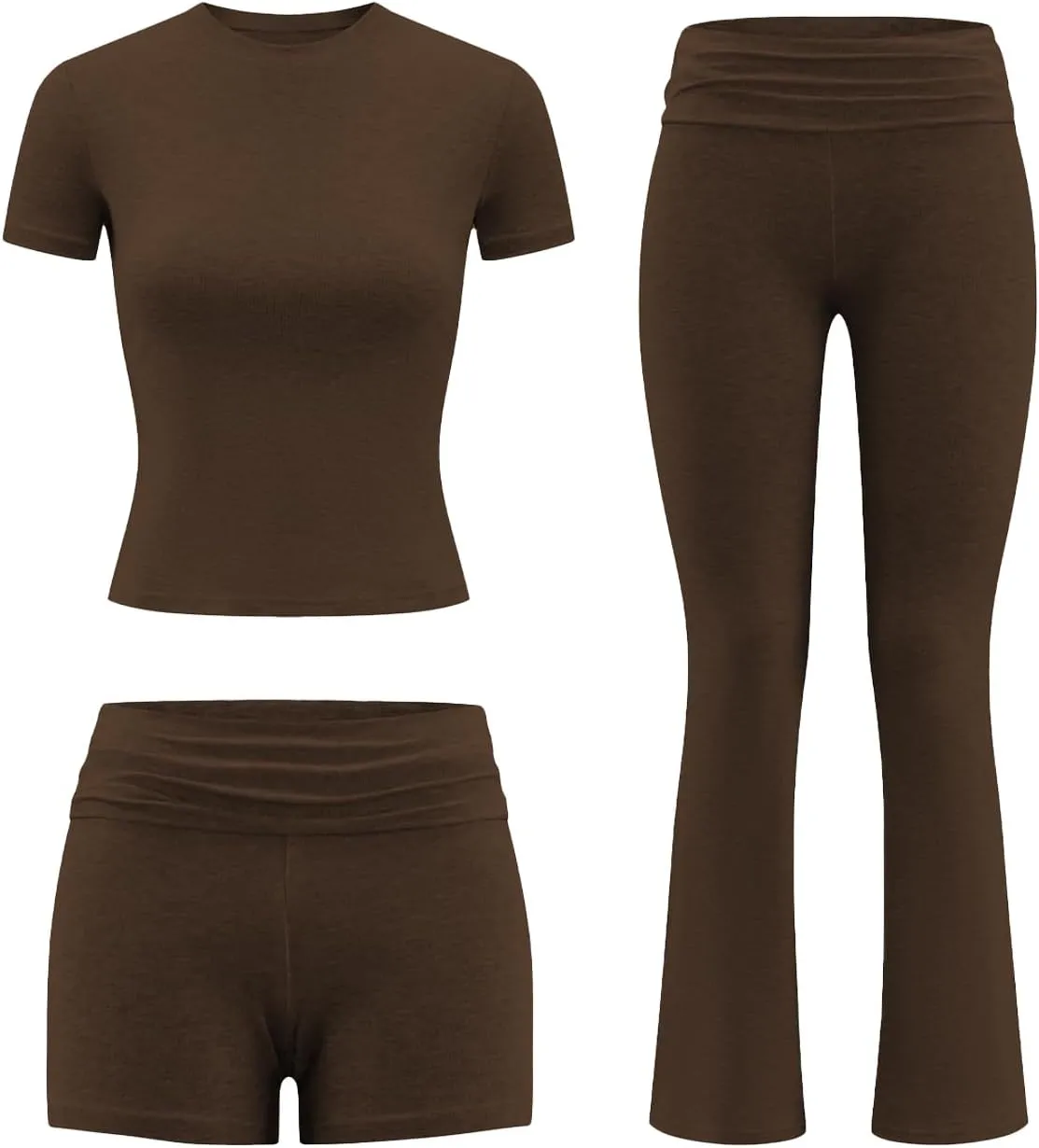 ZFLM Fashion and Casual Women's 3-Piece Set Short Sleeved High Waist Folded Shorts Bellbottom Pants Sports Set
