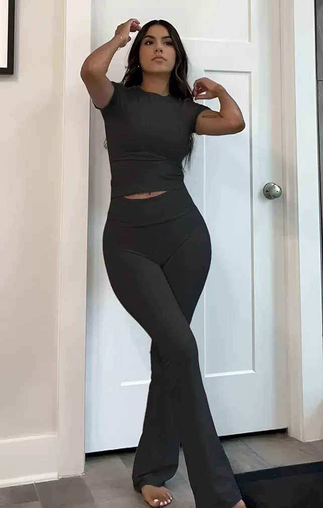 ZFLM Fashion and Casual Women's 3-Piece Set Short Sleeved High Waist Folded Shorts Bellbottom Pants Sports Set
