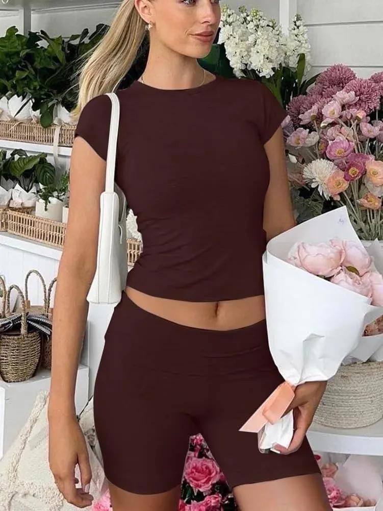 ZFLM Fashion and Casual Women's 3-Piece Set Short Sleeved High Waist Folded Shorts Bellbottom Pants Sports Set