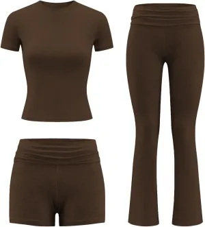 ZFLM Fashion and Casual Women's 3-Piece Set Short Sleeved High Waist Folded Shorts Bellbottom Pants Sports Set
