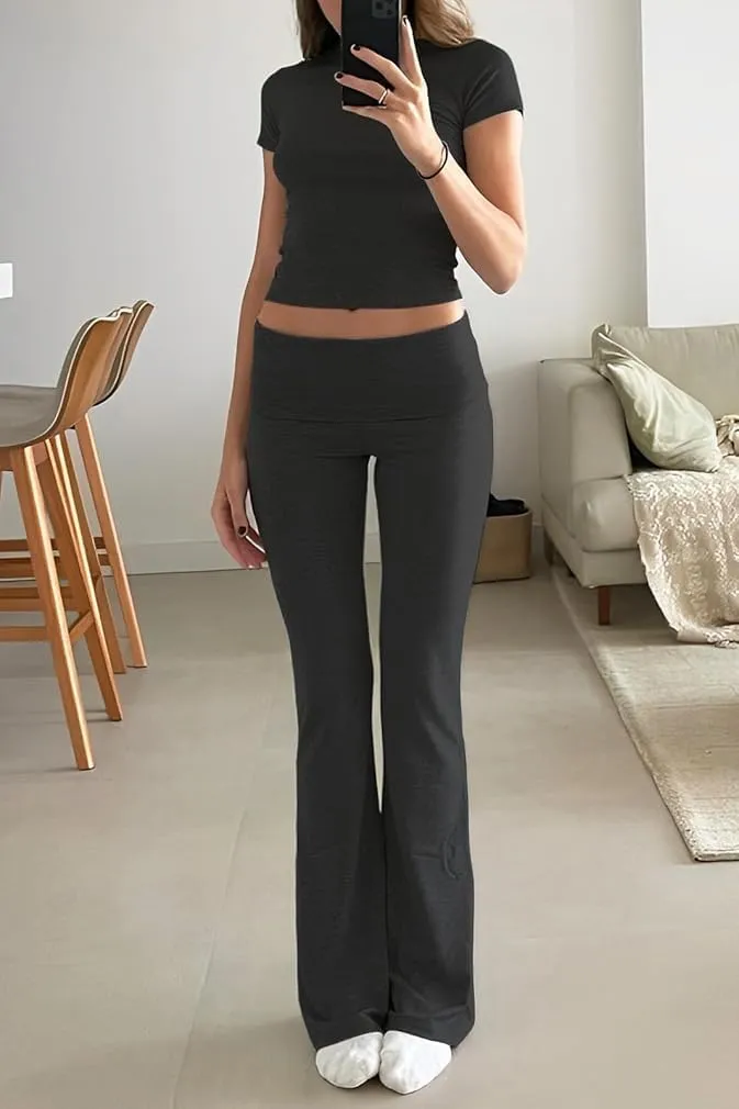 ZFLM Fashion and Casual Women's 3-Piece Set Short Sleeved High Waist Folded Shorts Bellbottom Pants Sports Set